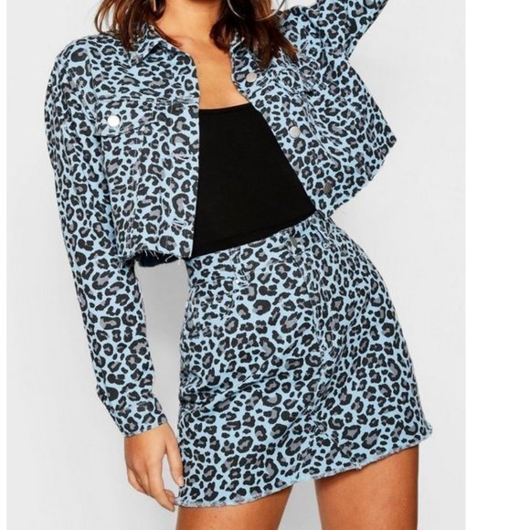 T.D.C. Leopard Denim Crop Blue Skirt. XS, S - Picture 1 of 10
